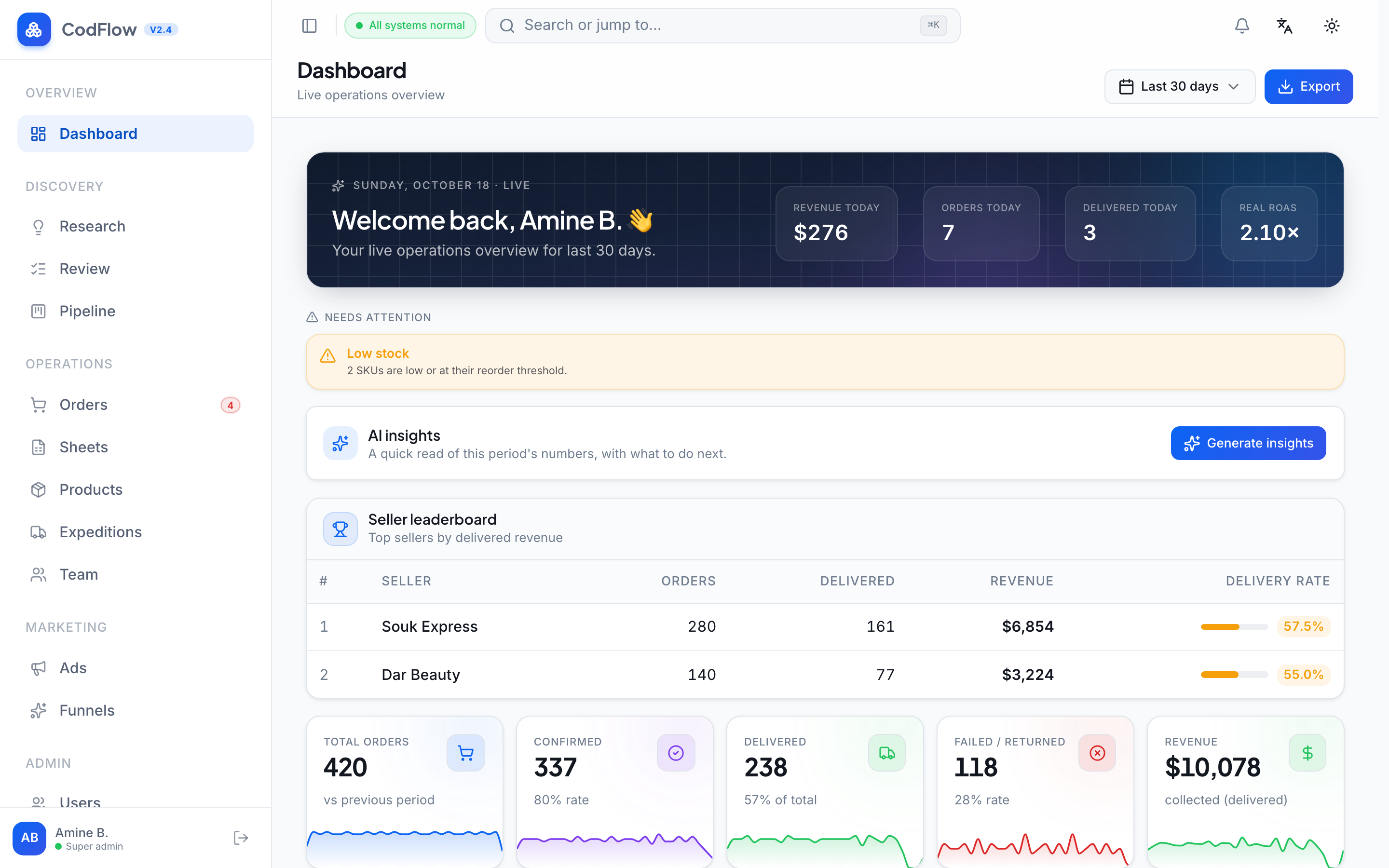 CodFlow screenshot: dashboard